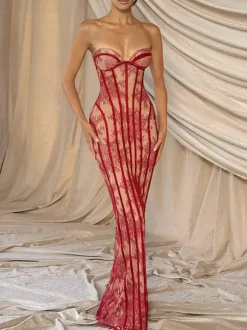 Date Night Dresses Bodycon Maxi Lace Sleeveless Backless Strapless Sexy Burgundy Dress