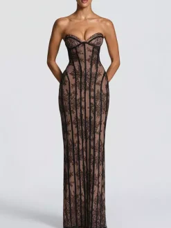 Date Night Dresses Bodycon Maxi Lace Sleeveless Backless Strapless Sexy Burgundy Dress