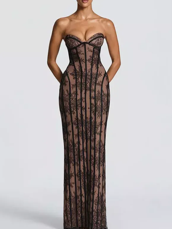 Date Night Dresses Bodycon Maxi Lace Sleeveless Backless Strapless Sexy Burgundy Dress