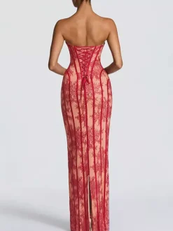 Date Night Dresses Bodycon Maxi Lace Sleeveless Backless Strapless Sexy Burgundy Dress