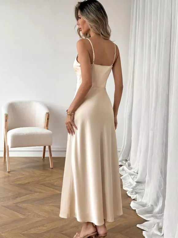 Date Night Dresses Champagne Satin Slip Spaghetti Straps Bridesmaid Evening Midi Dress