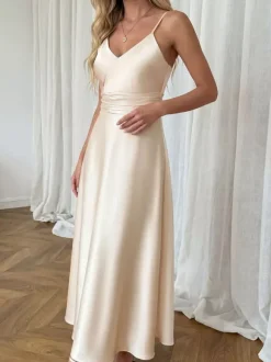 Date Night Dresses Champagne Satin Slip Spaghetti Straps Bridesmaid Evening Midi Dress