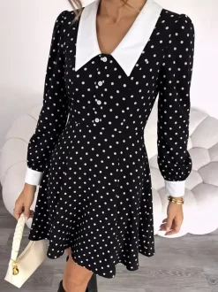 Date Night Dresses Contrast Big Collar Polka Dot Long Sleeve A Line Flowy Mini Party Dress