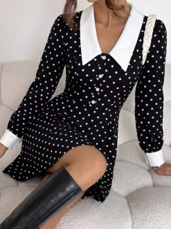 Date Night Dresses Contrast Big Collar Polka Dot Long Sleeve A Line Flowy Mini Party Dress