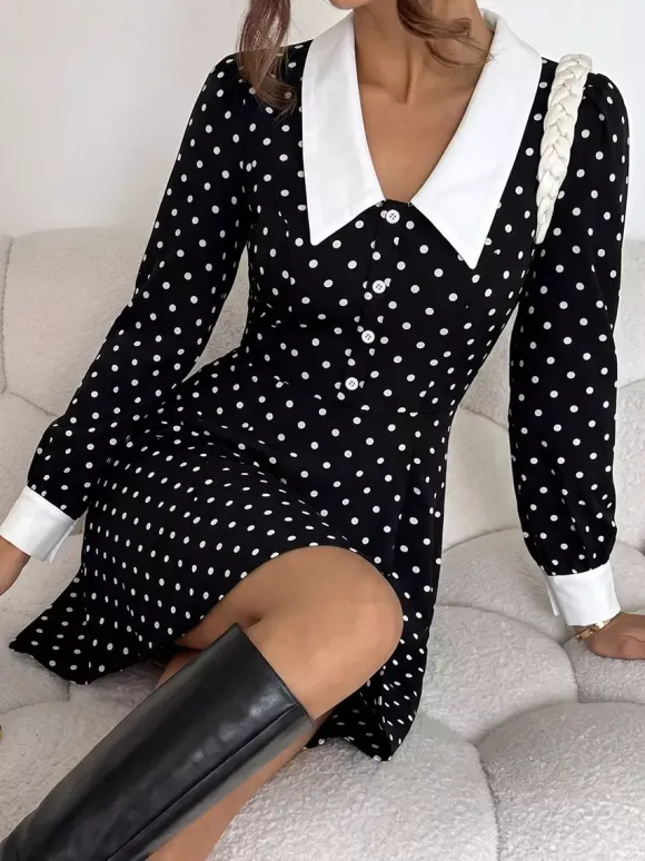 Date Night Dresses Contrast Big Collar Polka Dot Long Sleeve A Line Flowy Mini Party Dress