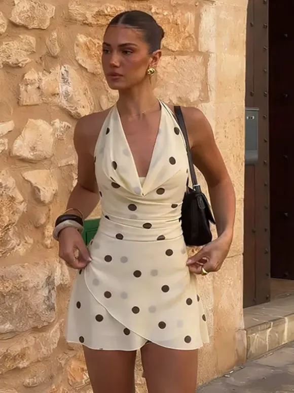 Date Night Dresses Cream Base Brown Polka Dot Halter Mini Cowl Neck Back Tie Wrap Bodycon Party Dress