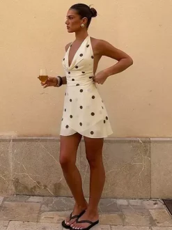 Date Night Dresses Cream Base Brown Polka Dot Halter Mini Cowl Neck Back Tie Wrap Bodycon Party Dress