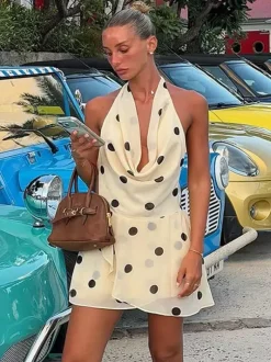 Date Night Dresses Cream Base Brown Polka Dot Halter Mini Cowl Neck Back Tie Wrap Bodycon Party Dress