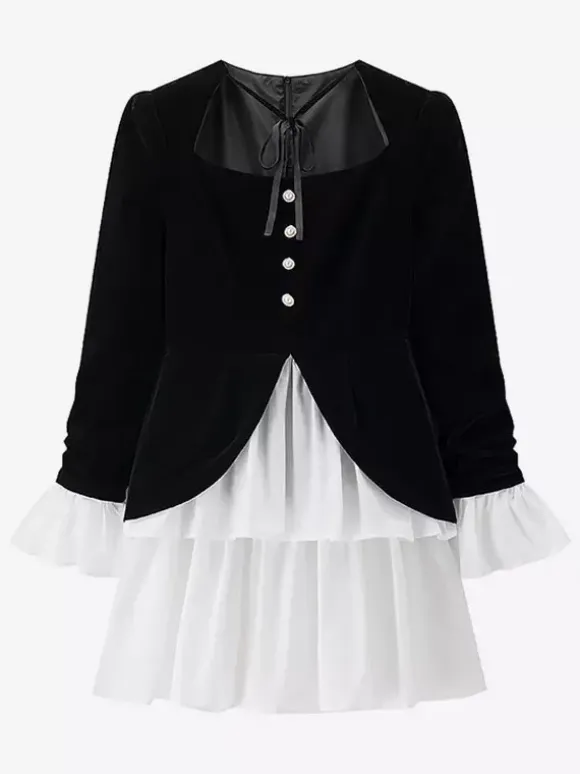 Date Night Dresses Faux Two-Piece Mini Ruffled Long Sleeves Two-Tone Chic Black Dress