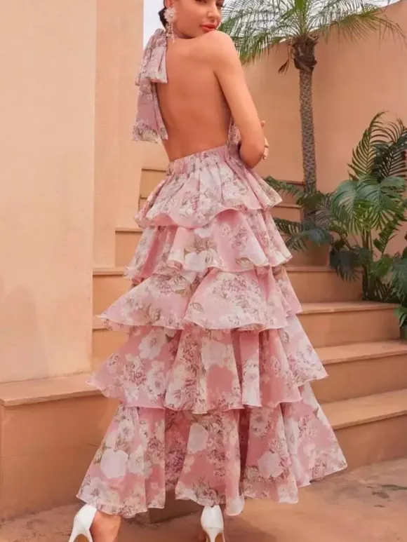 Date Night Dresses Layered Backless Tiered Sleeveless Printed V-Neck Elegant Red Dress