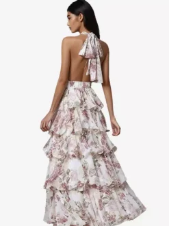 Date Night Dresses Layered Backless Tiered Sleeveless Printed V-Neck Elegant Red Dress