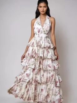 Date Night Dresses Layered Backless Tiered Sleeveless Printed V-Neck Elegant Red Dress