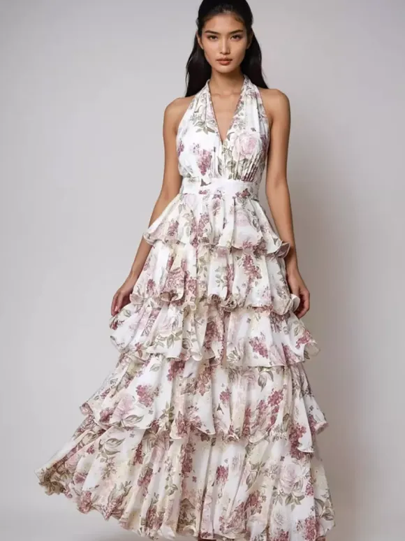 Date Night Dresses Layered Backless Tiered Sleeveless Printed V-Neck Elegant Red Dress