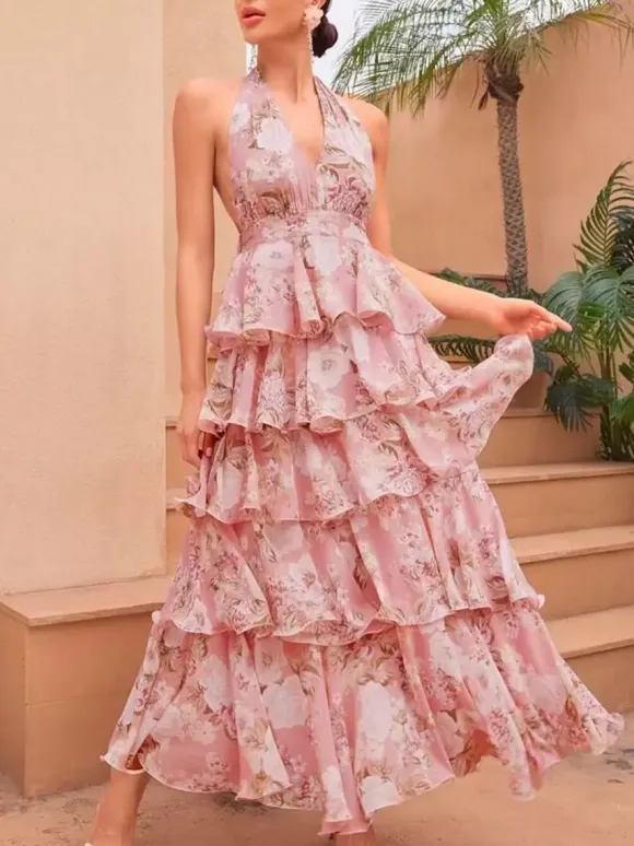 Date Night Dresses Layered Backless Tiered Sleeveless Printed V-Neck Elegant Red Dress