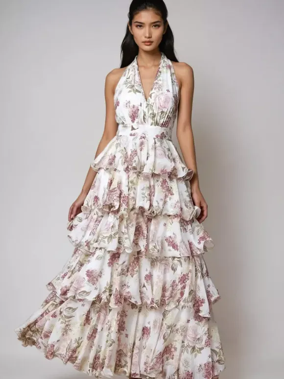 Date Night Dresses Layered Backless Tiered Sleeveless Printed V-Neck Elegant Red Dress
