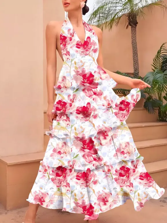 Date Night Dresses Layered Backless Tiered Sleeveless Printed V-Neck Elegant Red Dress
