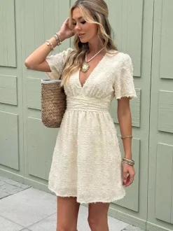 Date Night Dresses Light Apricot 3D Feather Texture V Neck Ruffle Sleeve Elastic Waist Loose Summer Mini Dress