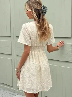 Date Night Dresses Light Apricot 3D Feather Texture V Neck Ruffle Sleeve Elastic Waist Loose Summer Mini Dress