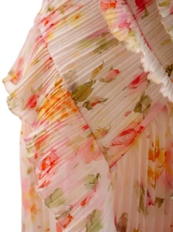 Date Night Dresses Maxi Asymmetrical Pleated Ruffles Sleeveless Floral Print Halter Elegant Dress