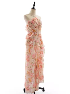 Date Night Dresses Maxi Asymmetrical Pleated Ruffles Sleeveless Floral Print Halter Elegant Dress