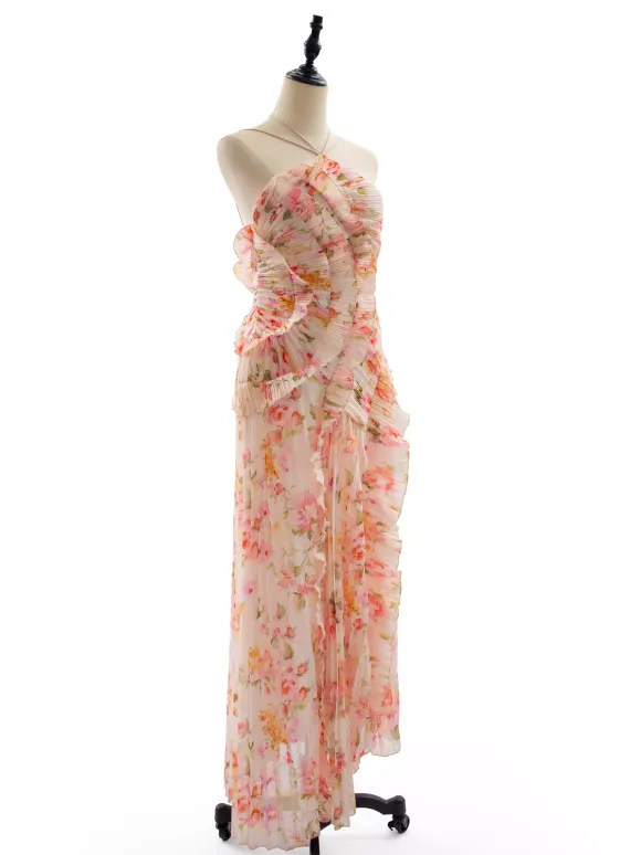 Date Night Dresses Maxi Asymmetrical Pleated Ruffles Sleeveless Floral Print Halter Elegant Dress