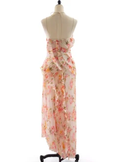 Date Night Dresses Maxi Asymmetrical Pleated Ruffles Sleeveless Floral Print Halter Elegant Dress