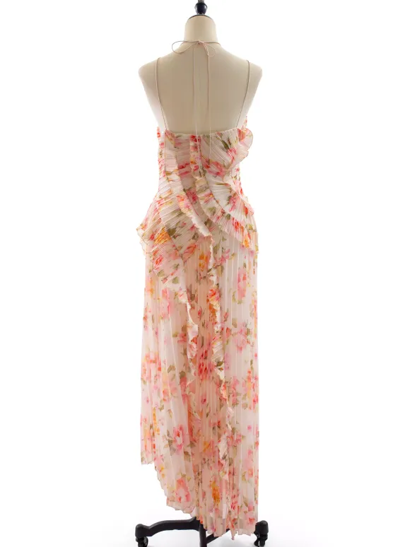 Date Night Dresses Maxi Asymmetrical Pleated Ruffles Sleeveless Floral Print Halter Elegant Dress