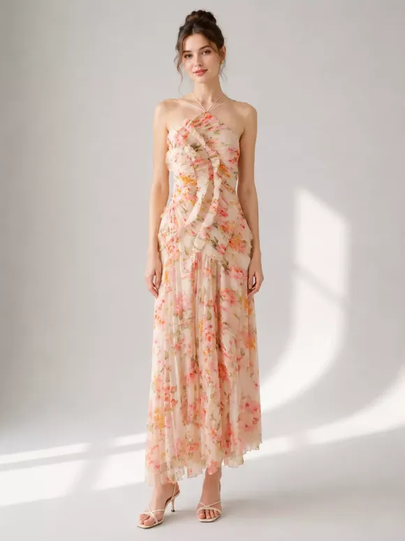 Date Night Dresses Maxi Asymmetrical Pleated Ruffles Sleeveless Floral Print Halter Elegant Dress