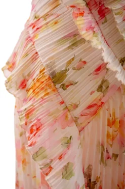 Date Night Dresses Maxi Asymmetrical Pleated Ruffles Sleeveless Floral Print Halter Elegant Dress