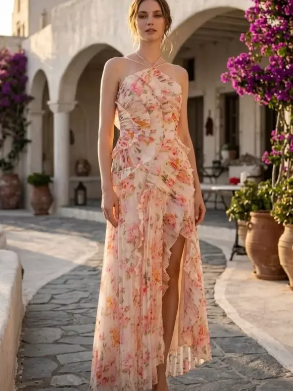 Date Night Dresses Maxi Asymmetrical Pleated Ruffles Sleeveless Floral Print Halter Elegant Dress