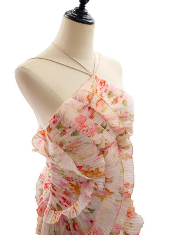 Date Night Dresses Maxi Asymmetrical Pleated Ruffles Sleeveless Floral Print Halter Elegant Dress
