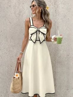 Date Night Dresses Maxi Backless Pleated Bows Sleeveless Off-The-Shoulder Sweet Ecru White Dress