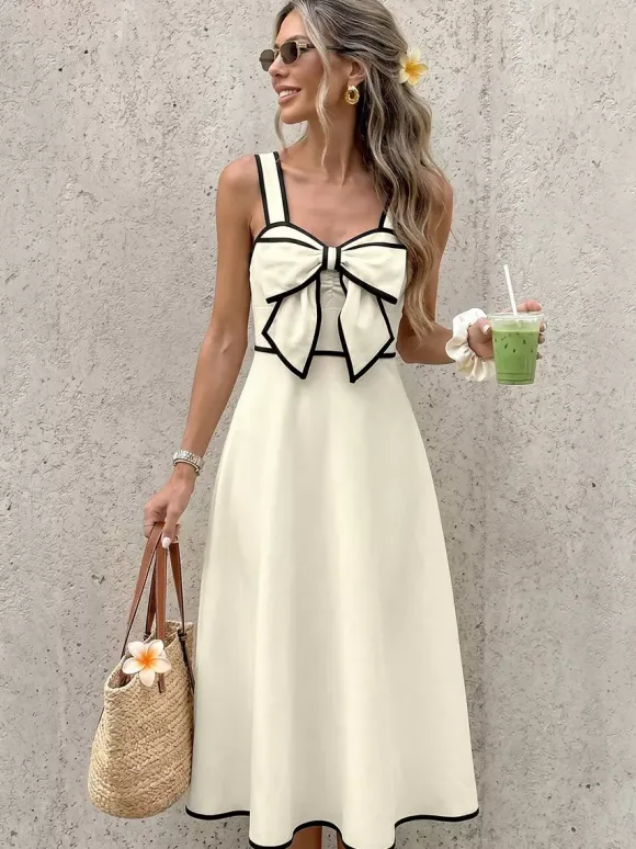 Date Night Dresses Maxi Backless Pleated Bows Sleeveless Off-The-Shoulder Sweet Ecru White Dress