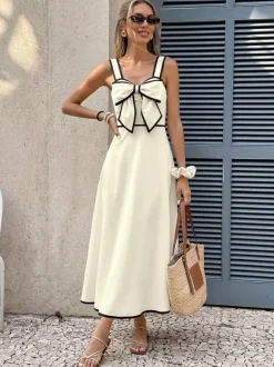 Date Night Dresses Maxi Backless Pleated Bows Sleeveless Off-The-Shoulder Sweet Ecru White Dress