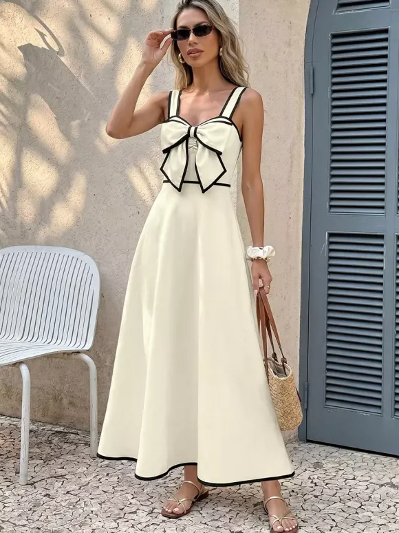 Date Night Dresses Maxi Backless Pleated Bows Sleeveless Off-The-Shoulder Sweet Ecru White Dress