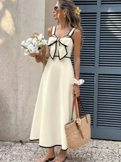 Date Night Dresses Maxi Backless Pleated Bows Sleeveless Off-The-Shoulder Sweet Ecru White Dress