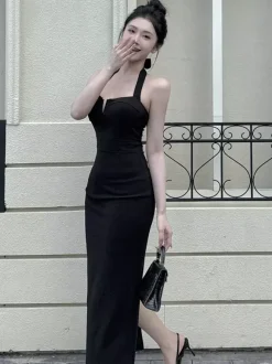 Date Night Dresses Maxi Backless Lace Up Sleeveless Halter Elegant Black Dress