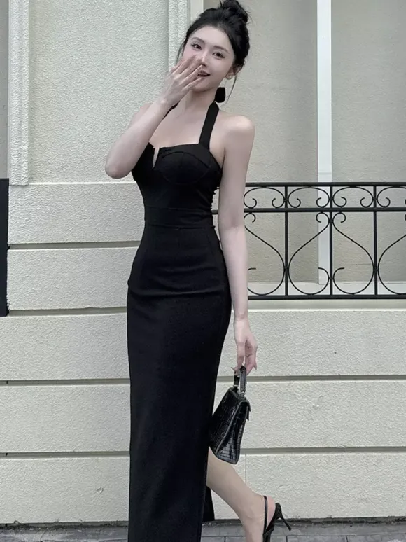 Date Night Dresses Maxi Backless Lace Up Sleeveless Halter Elegant Black Dress