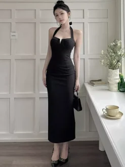 Date Night Dresses Maxi Backless Lace Up Sleeveless Halter Elegant Black Dress
