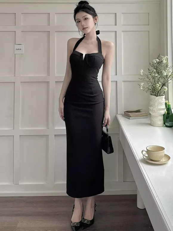 Date Night Dresses Maxi Backless Lace Up Sleeveless Halter Elegant Black Dress