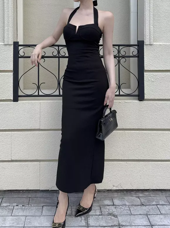 Date Night Dresses Maxi Backless Lace Up Sleeveless Halter Elegant Black Dress