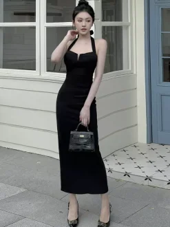 Date Night Dresses Maxi Backless Lace Up Sleeveless Halter Elegant Black Dress