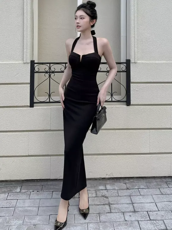 Date Night Dresses Maxi Backless Lace Up Sleeveless Halter Elegant Black Dress