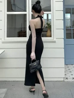 Date Night Dresses Maxi Backless Lace Up Sleeveless Halter Elegant Black Dress