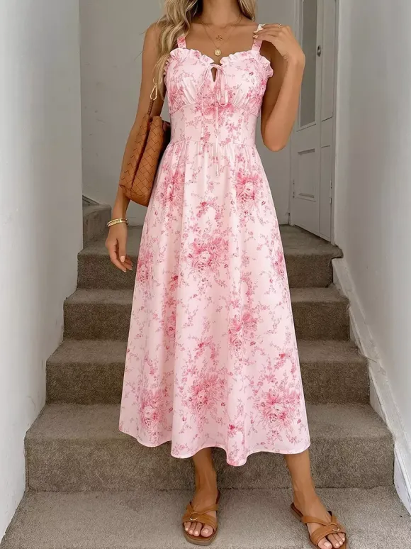 Date Night Dresses Maxi Backless Lace Up Ruffles Sleeveless Floral Print Off-The-Shoulder Chic Pink Dress