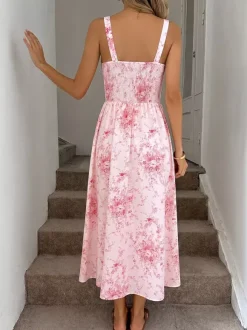 Date Night Dresses Maxi Backless Lace Up Ruffles Sleeveless Floral Print Off-The-Shoulder Chic Pink Dress