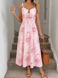 Date Night Dresses Maxi Backless Lace Up Ruffles Sleeveless Floral Print Off-The-Shoulder Chic Pink Dress