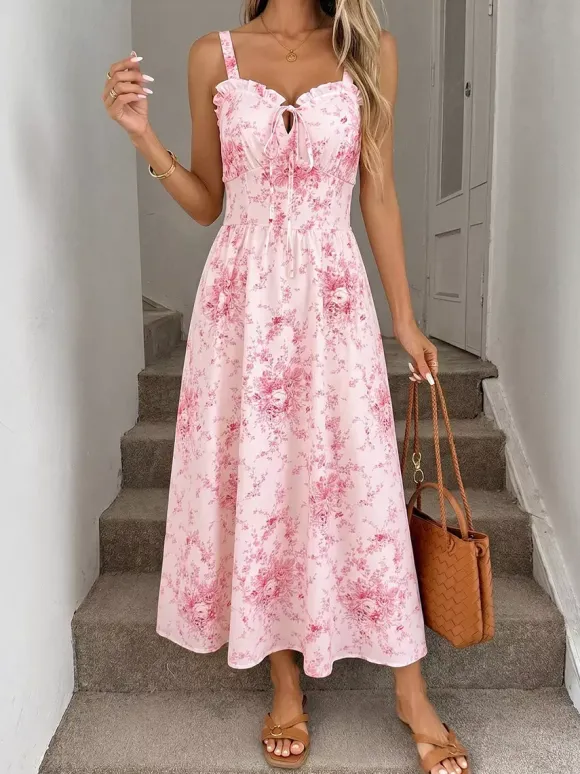 Date Night Dresses Maxi Backless Lace Up Ruffles Sleeveless Floral Print Off-The-Shoulder Chic Pink Dress