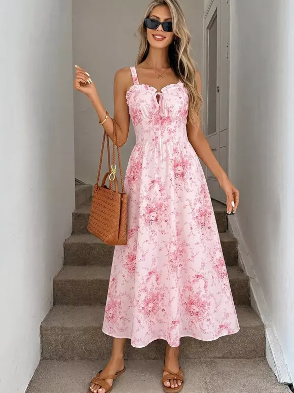Date Night Dresses Maxi Backless Lace Up Ruffles Sleeveless Floral Print Off-The-Shoulder Chic Pink Dress