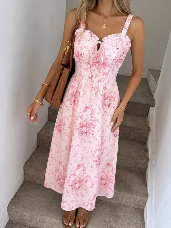 Date Night Dresses Maxi Backless Lace Up Ruffles Sleeveless Floral Print Off-The-Shoulder Chic Pink Dress
